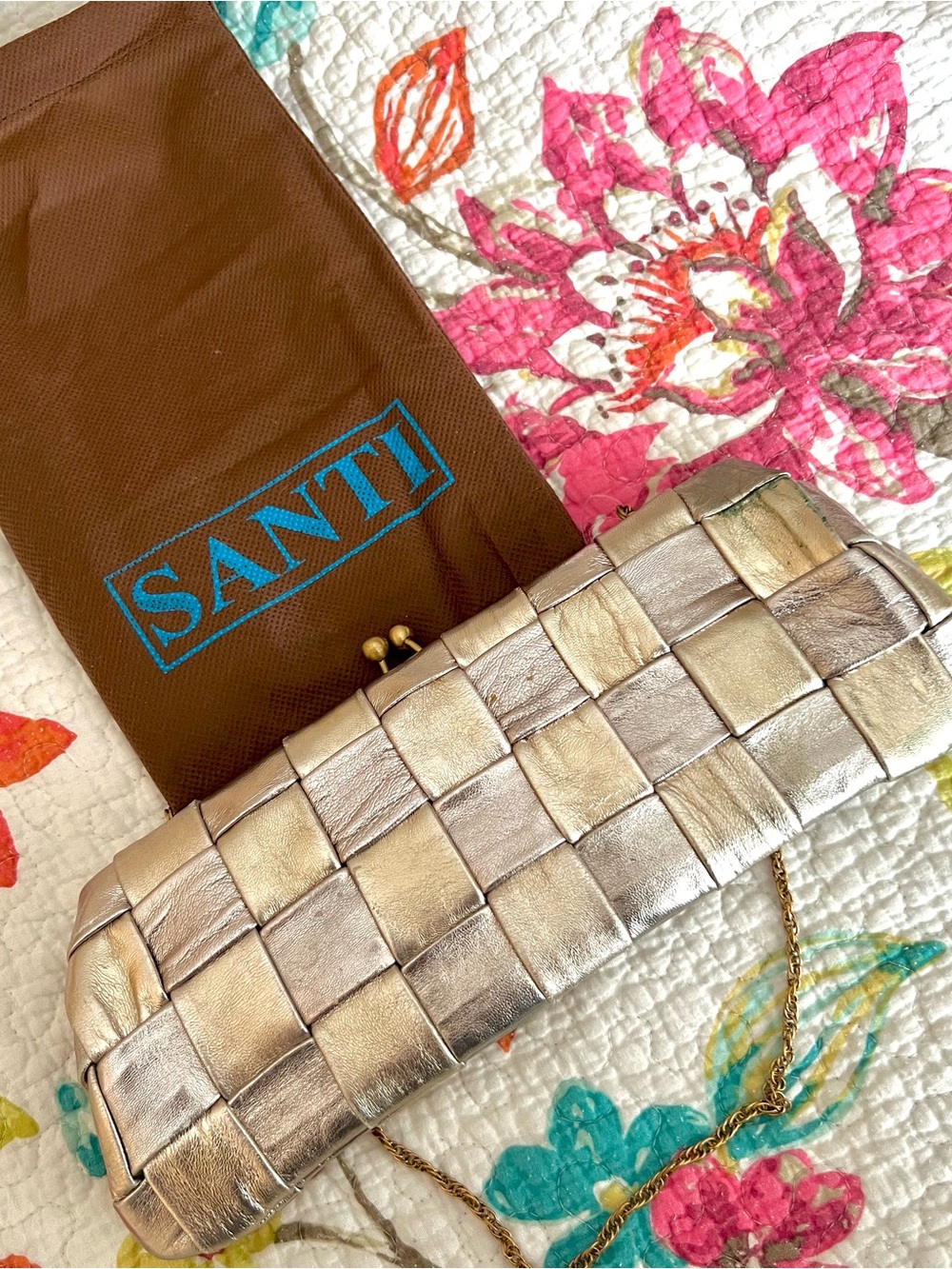 🥂 NWOT SANTI Italian Gold Metallic Leathers Evening Purse/Logo Dust Bag